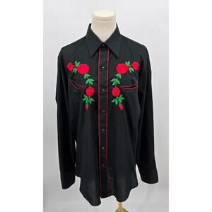 Karman Black Western Snap Shirt with Red Rose Embroidery